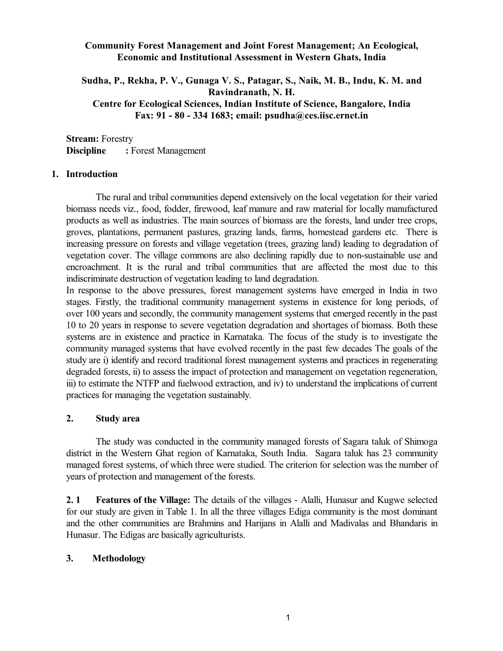 Community Forest Management and Joint Forest Management; an Ecological, Economic and Institutional Assessment in Western Ghats, India