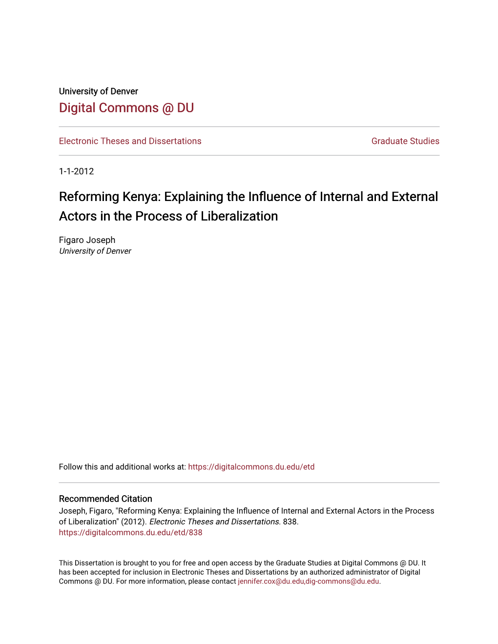 Reforming Kenya: Explaining the Influence of Internal and External Actors in the Process of Liberalization