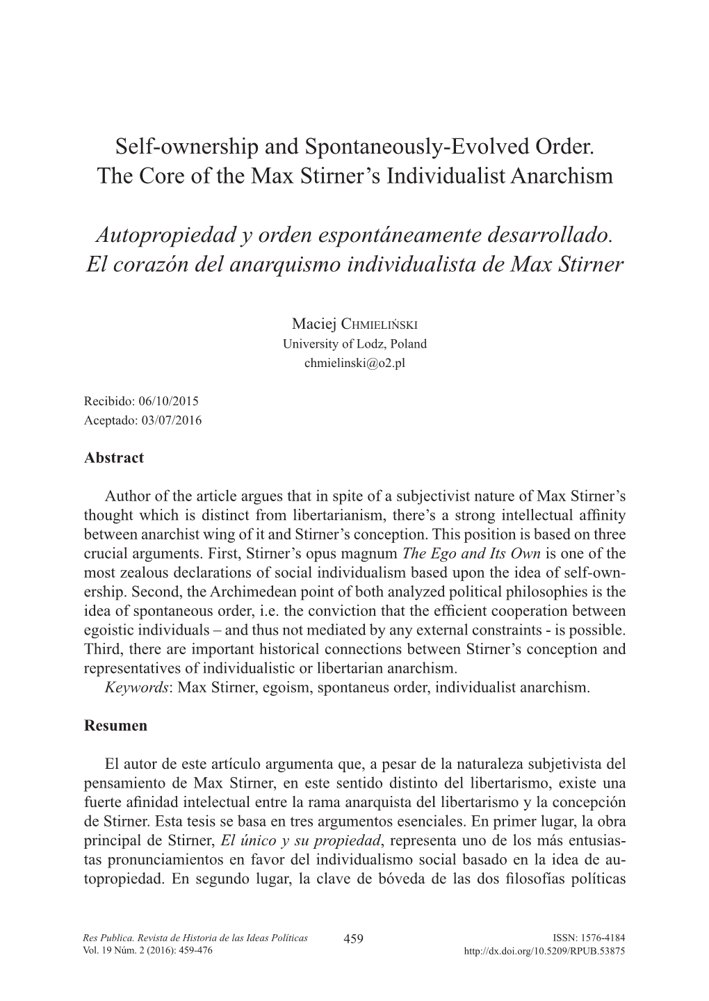 Self-Ownership and Spontaneously-Evolved Order. the Core of the Max Stirner’S Individualist Anarchism