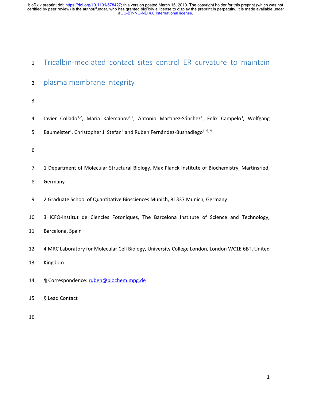 Tricalbin-Mediated Contact Sites Control ER Curvature to Maintain