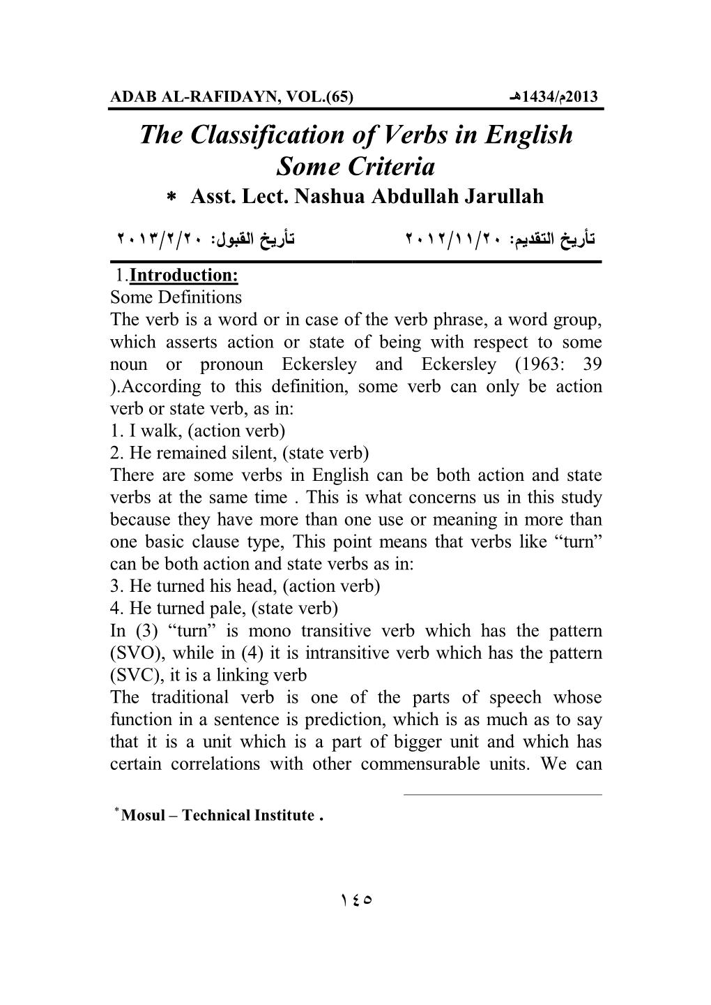 The Classification of Verbs in English Some Criteria the Classification of Verbs in English Some Criteria Asst