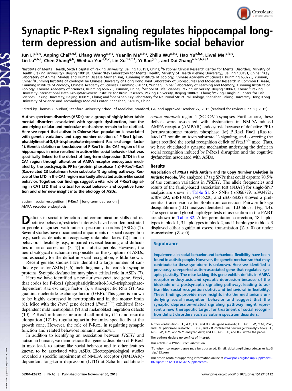 Synaptic P-Rex1 Signaling Regulates Hippocampal Long- Term Depression and Autism-Like Social Behavior