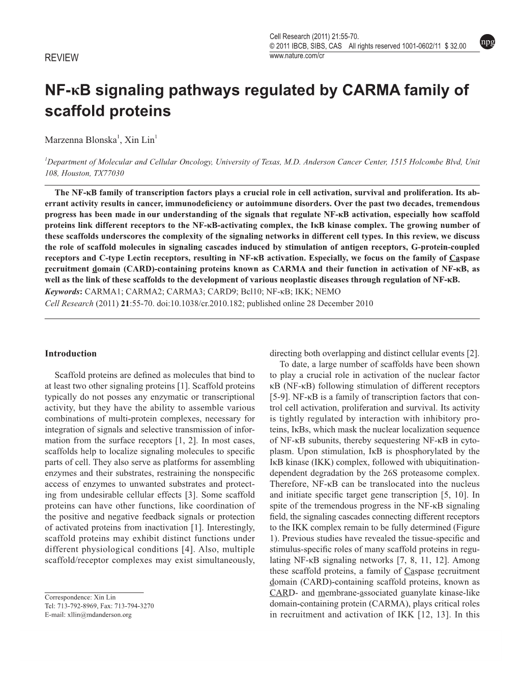 NF-Κb Signaling Pathways Regulated by CARMA Family of Scaffold Proteins