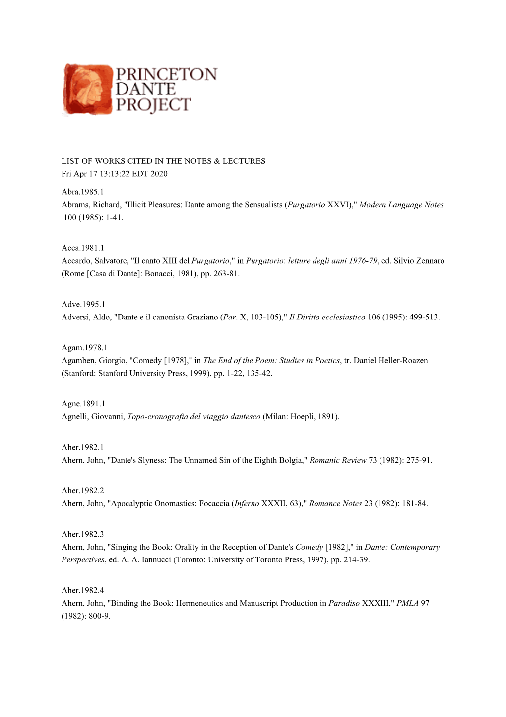 LIST of WORKS CITED in the NOTES & LECTURES Fri Apr 17 13