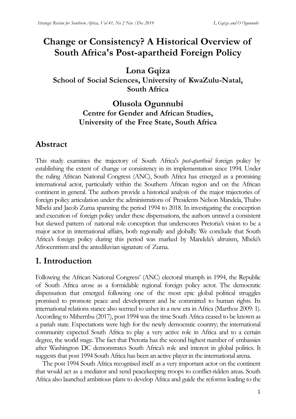 Change Or Consistency? a Historical Overview of South Africa's Post-Apartheid Foreign Policy