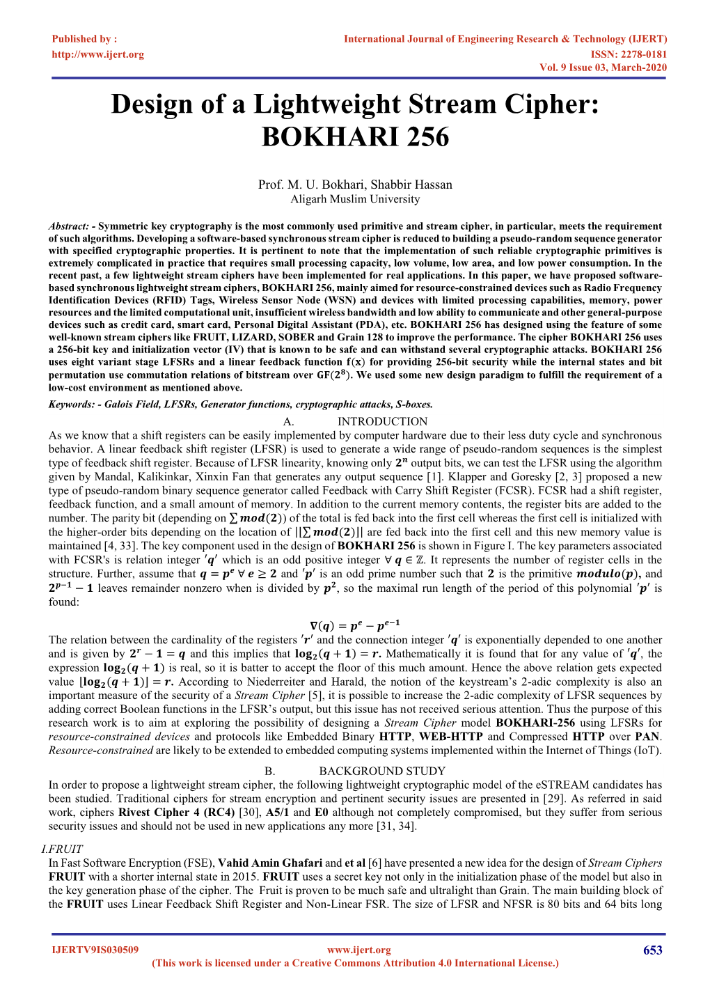 Design of a Lightweight Stream Cipher: BOKHARI 256