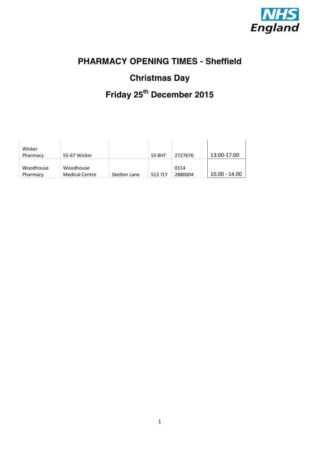 PHARMACY OPENING TIMES - Sheffield Christmas Day Friday 25Th December 2015