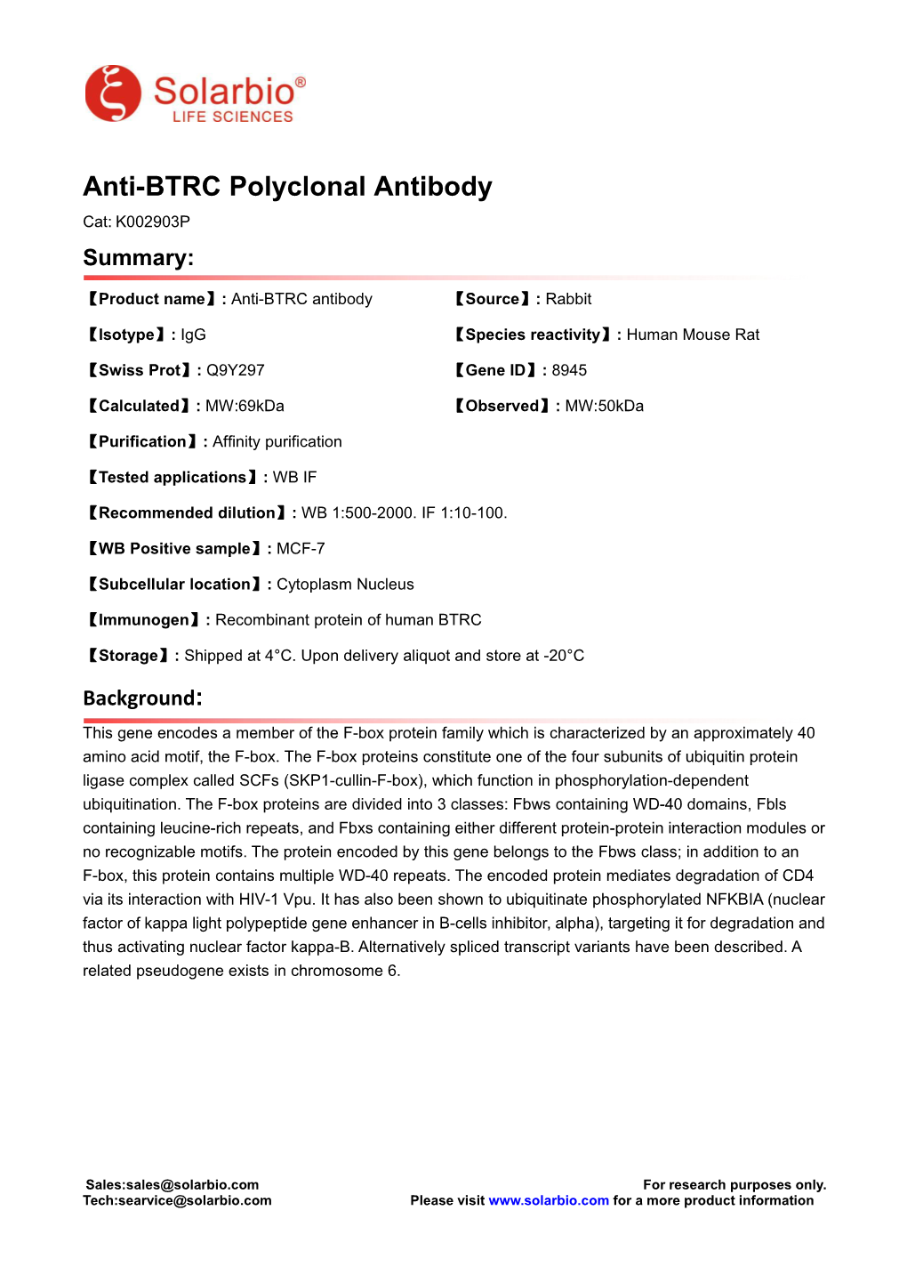 Anti-BTRC Polyclonal Antibody Cat: K002903P Summary