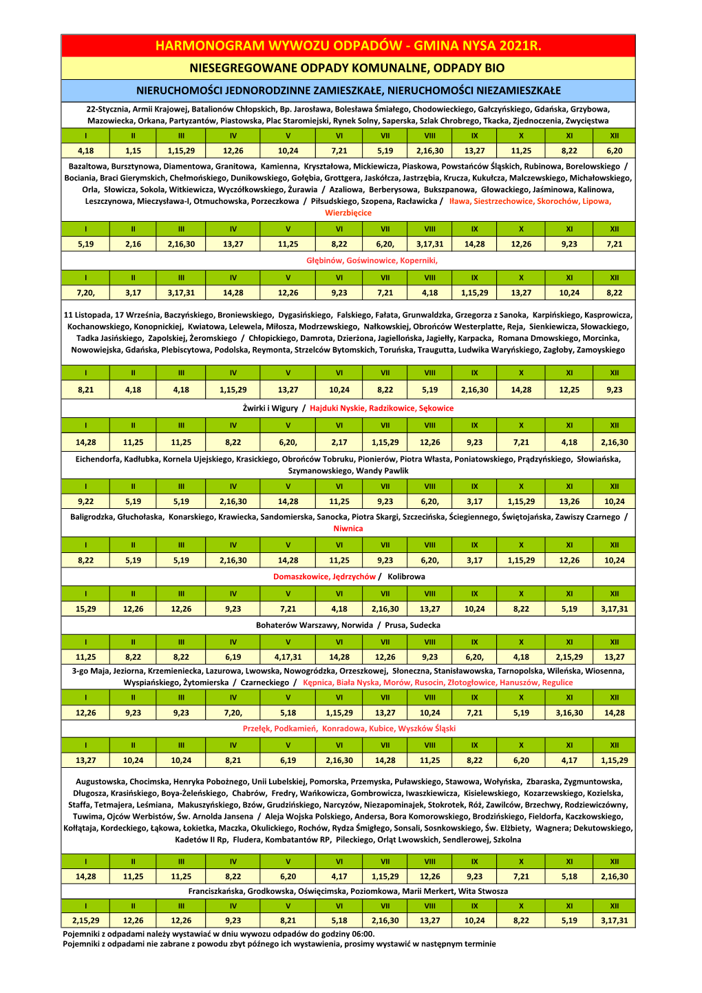 Harmonogram Wywozu Odpadów - Gmina Nysa 2021R