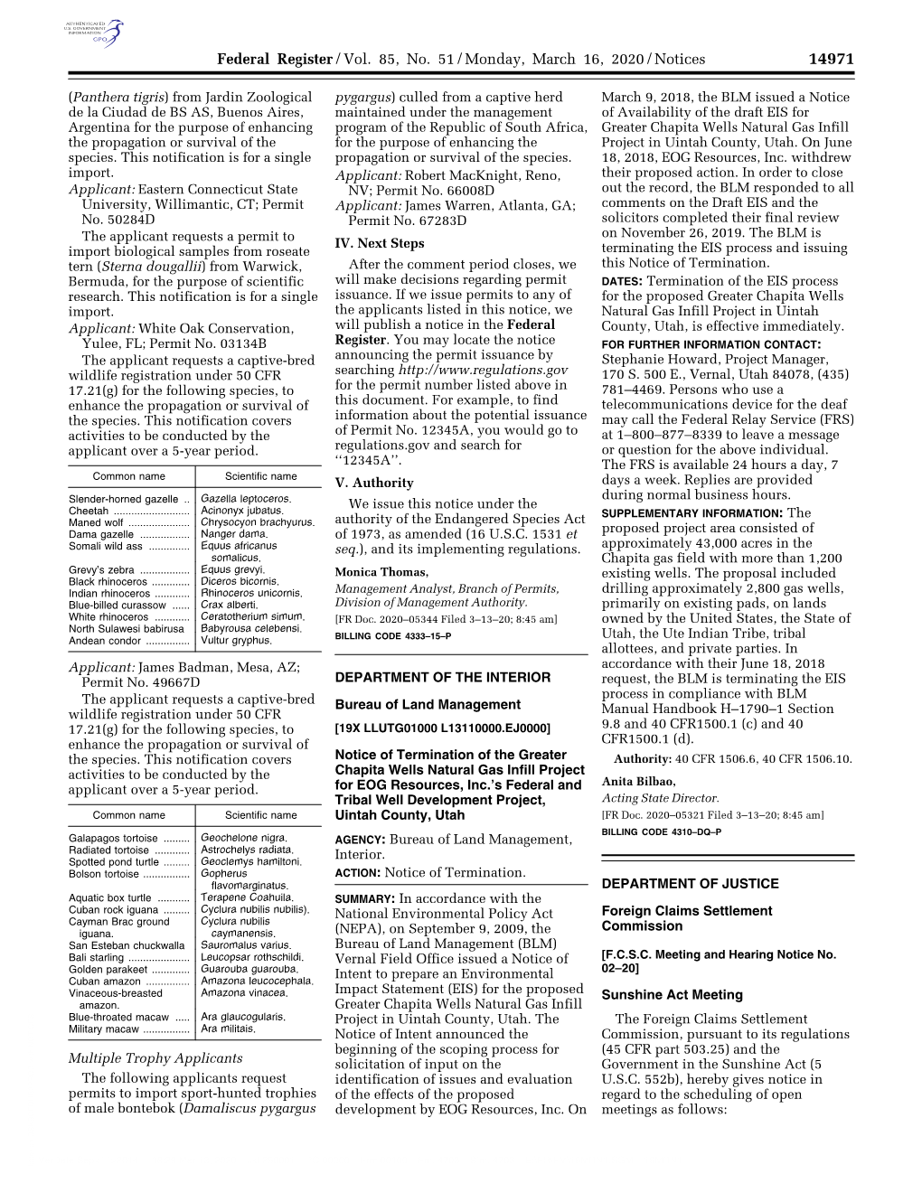 Federal Register/Vol. 85, No. 51/Monday, March 16, 2020/Notices