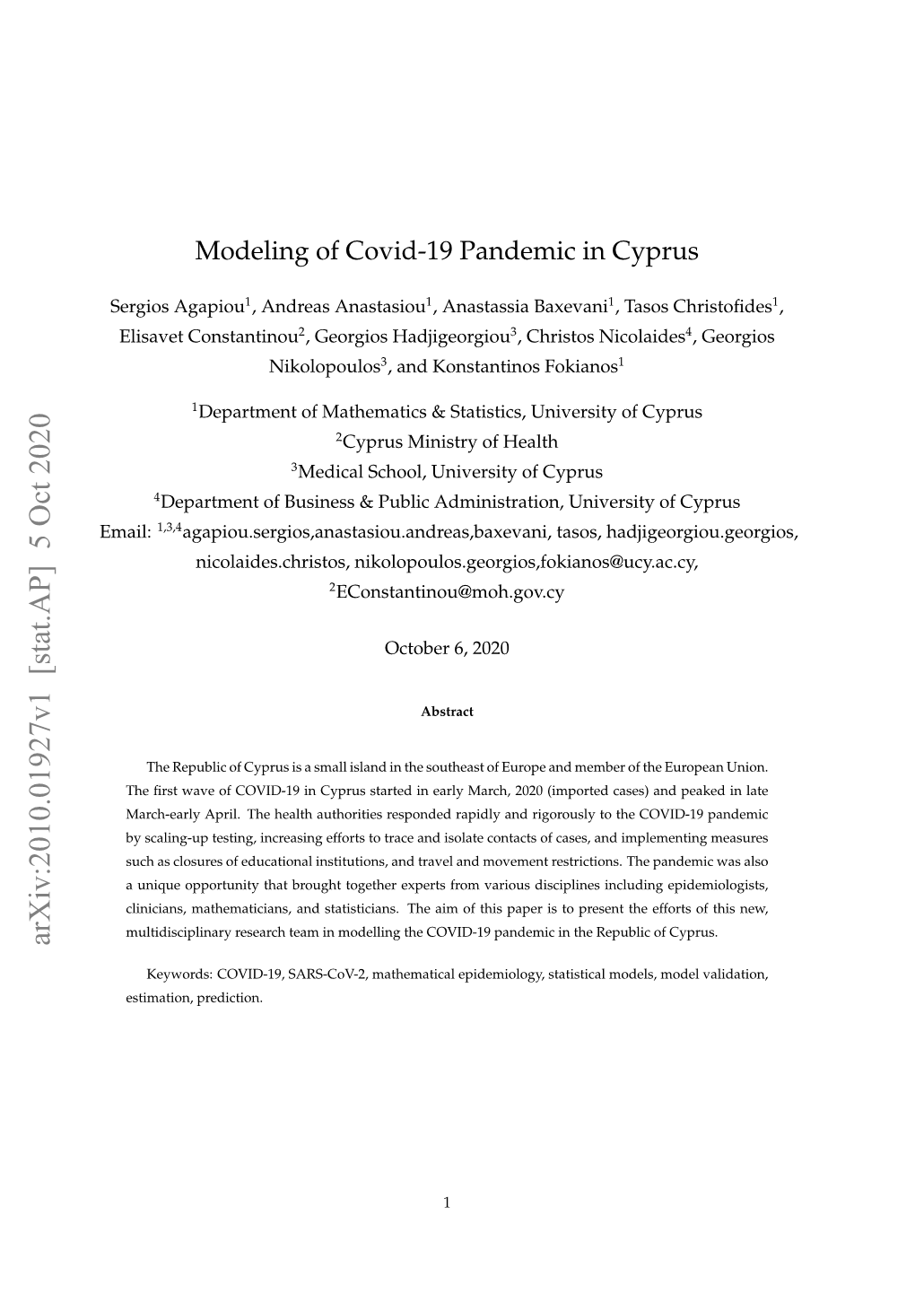 Modeling of Covid-19 Pandemic in Cyprus