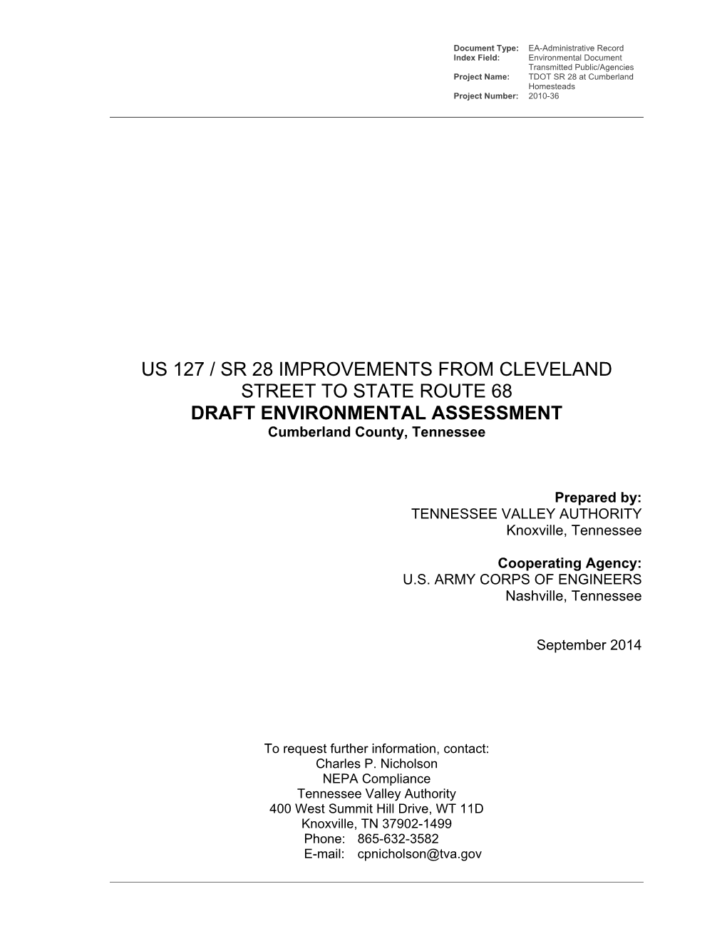 US 127 / SR 28 IMPROVEMENTS from CLEVELAND STREET to STATE ROUTE 68 DRAFT ENVIRONMENTAL ASSESSMENT Cumberland County, Tennessee