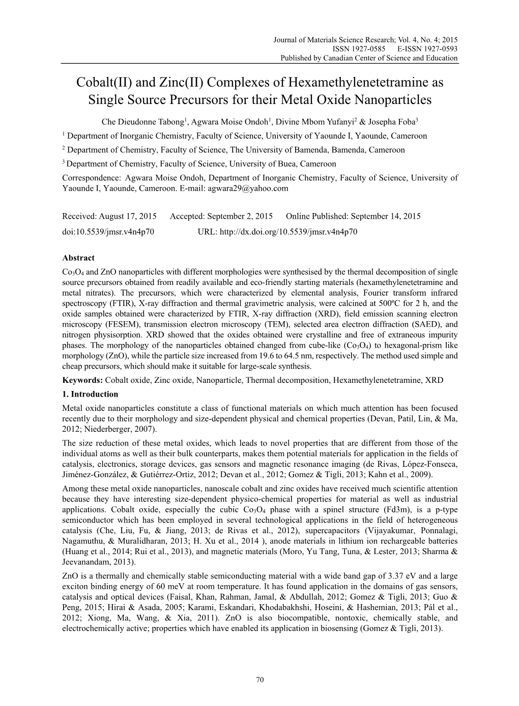 Cobalt(II) and Zinc(II) Complexes of Hexamethylenetetramine As Single Source Precursors for Their Metal Oxide Nanoparticles