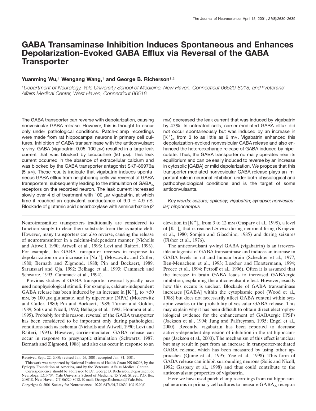 GABA Transaminase Inhibition Induces Spontaneous and Enhances Depolarization-Evoked GABA Efflux Via Reversal of the GABA Transpo