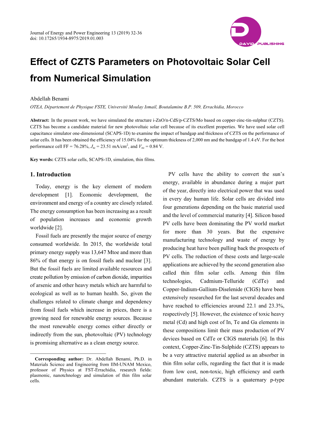 Effect of CZTS Parameters on Photovoltaic Solar Cell from Numerical Simulation