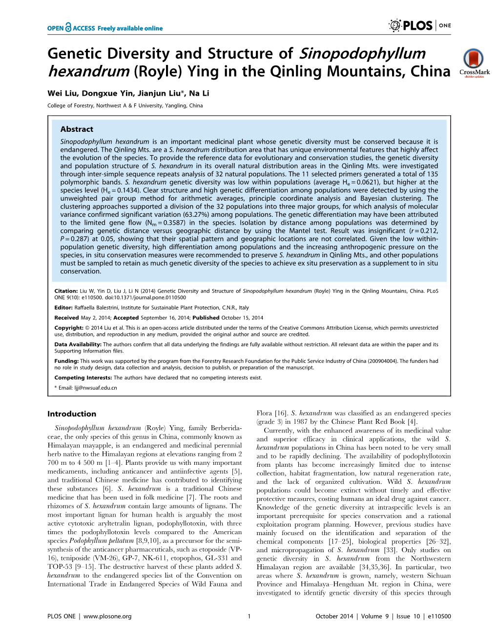 Genetic Diversity and Structure of Sinopodophyllum Hexandrum (Royle) Ying in the Qinling Mountains, China