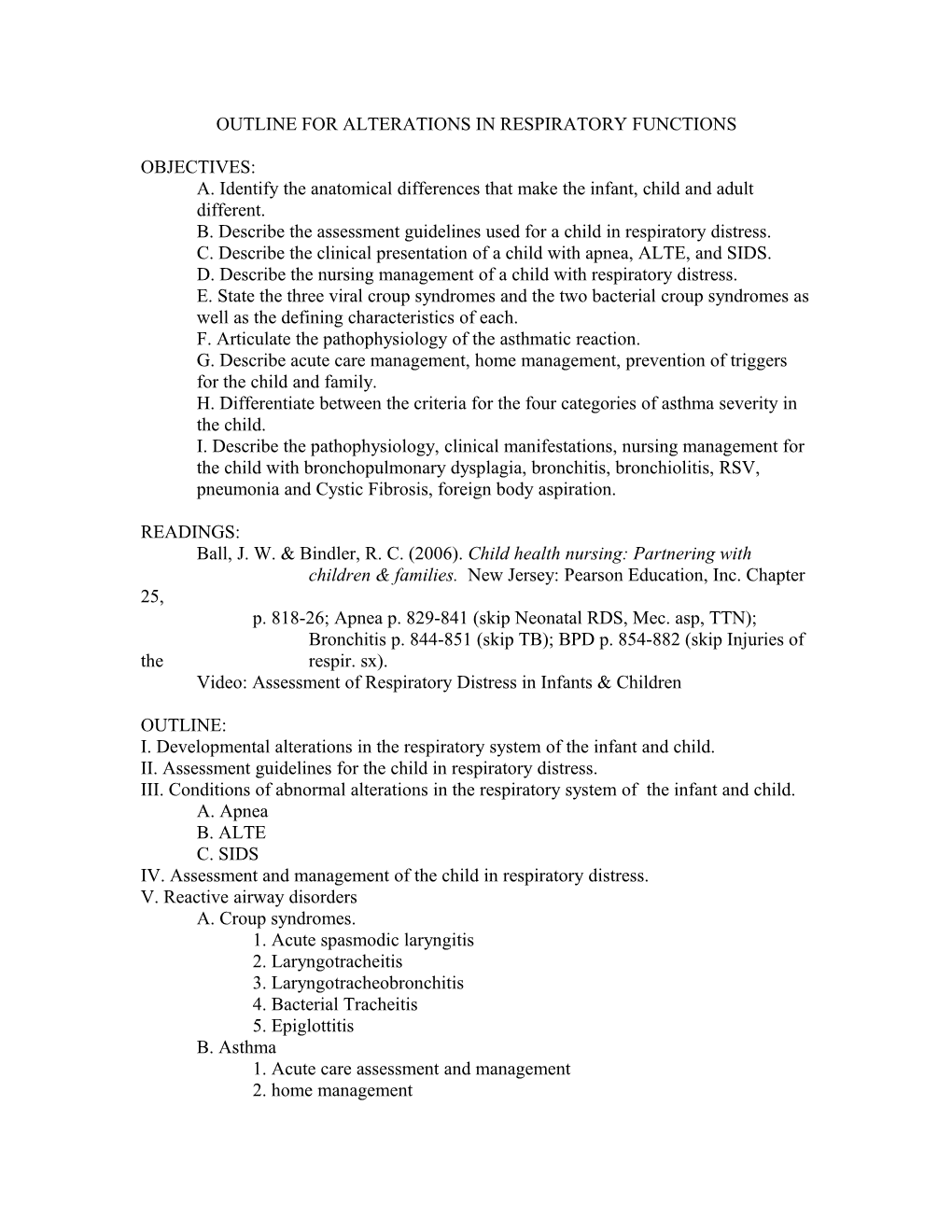 Outline for Alterations in Respiratory Functions