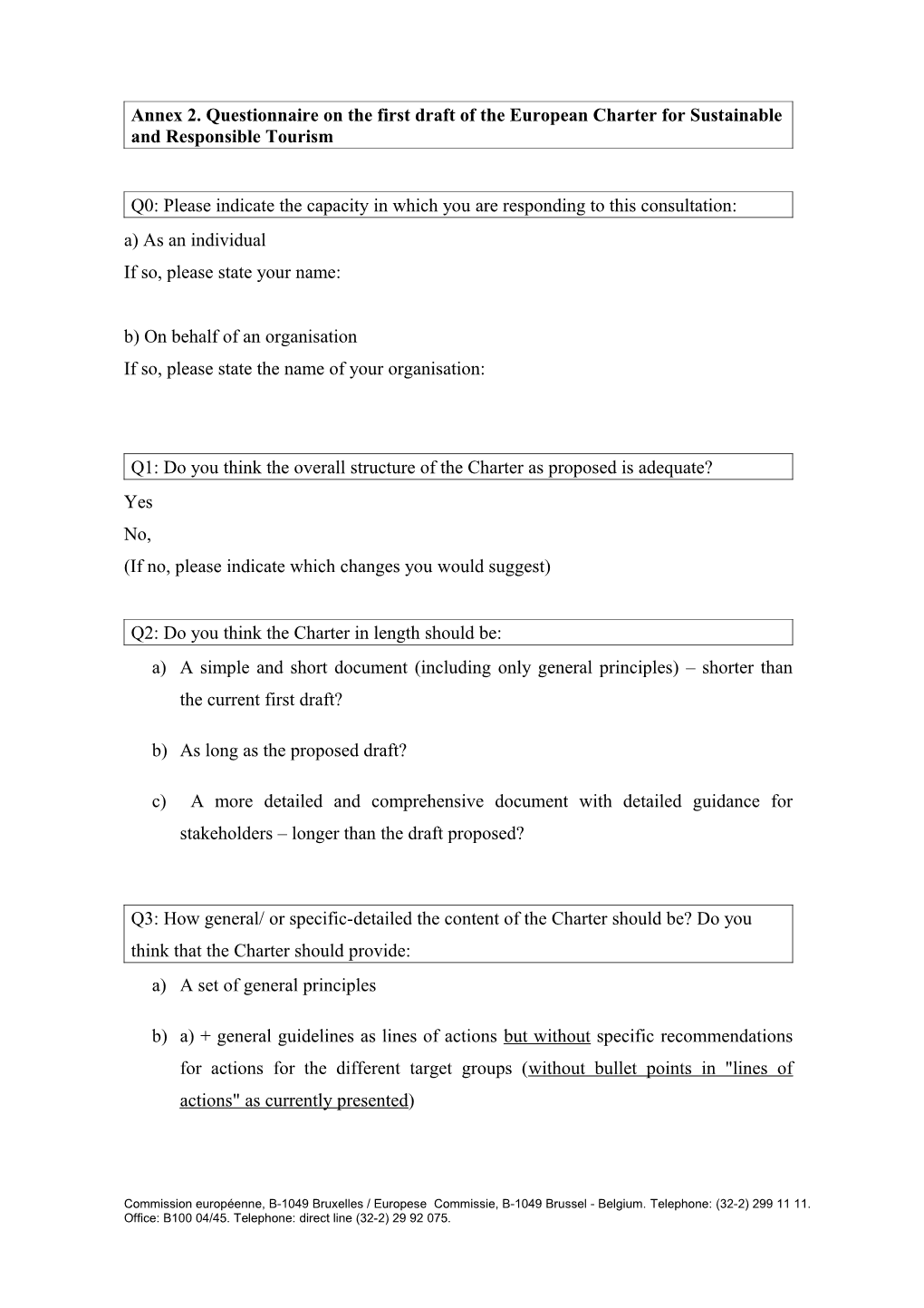 Annex 2. Questionnaire on the First Draft of the European Charter for Sustainable And