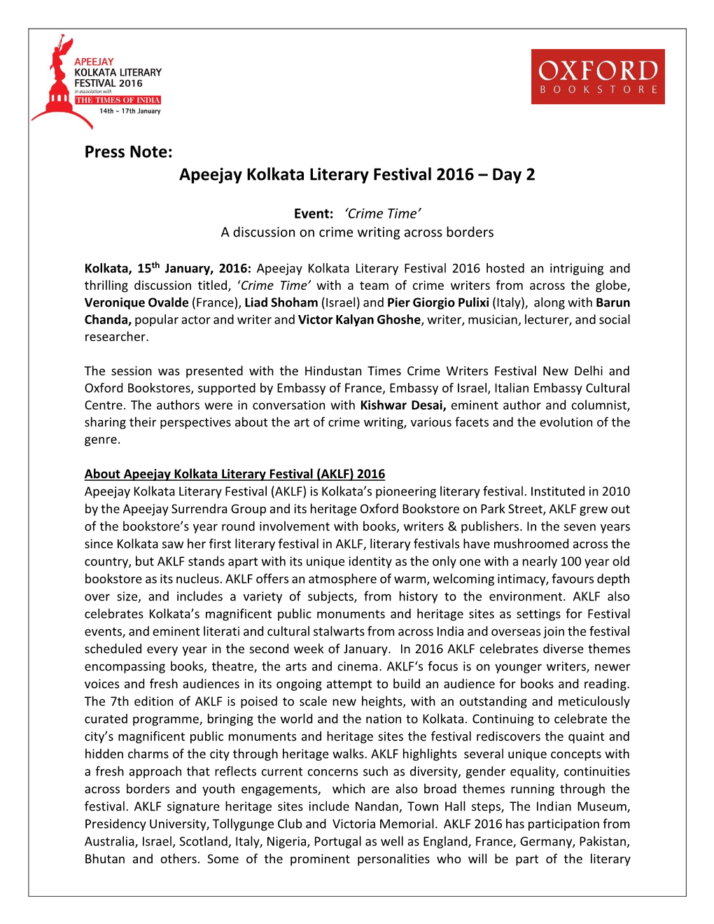 Press Note: Apeejay Kolkata Literary Festival 2016 – Day 2