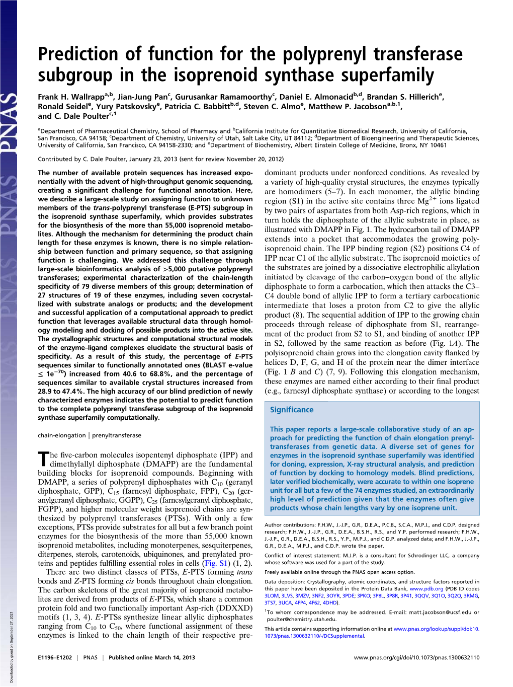 Prediction of Function for the Polyprenyl Transferase Subgroup in the Isoprenoid Synthase Superfamily