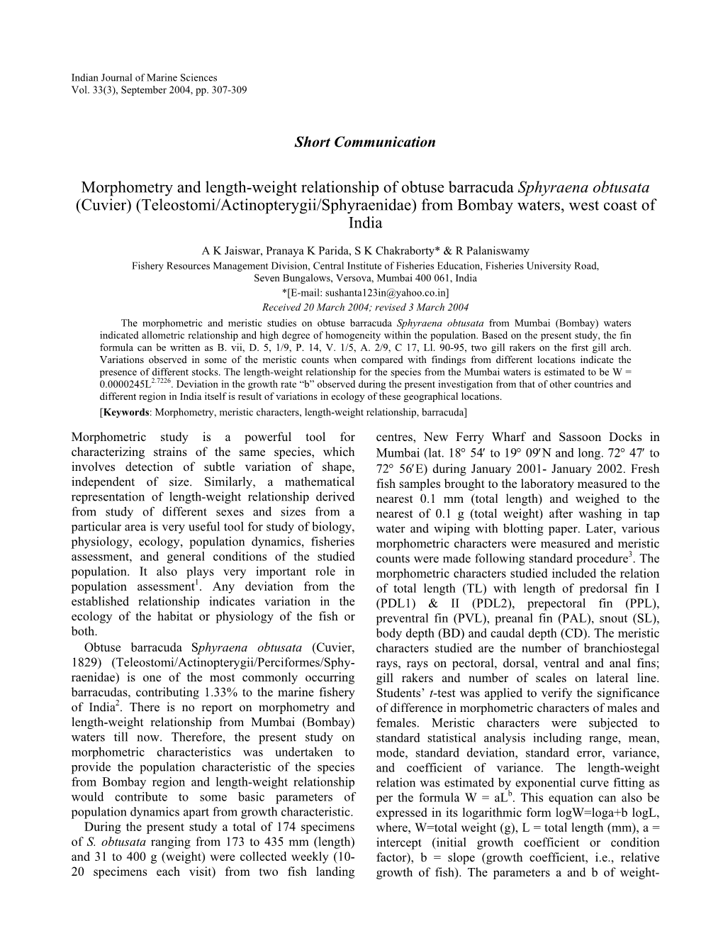 Morphometry and Length-Weight Relationship of Obtuse Barracuda