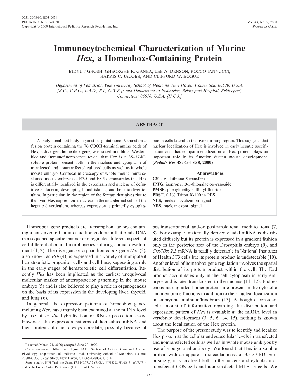 Immunocytochemical Characterization of Murine Hex, a Homeobox-Containing Protein