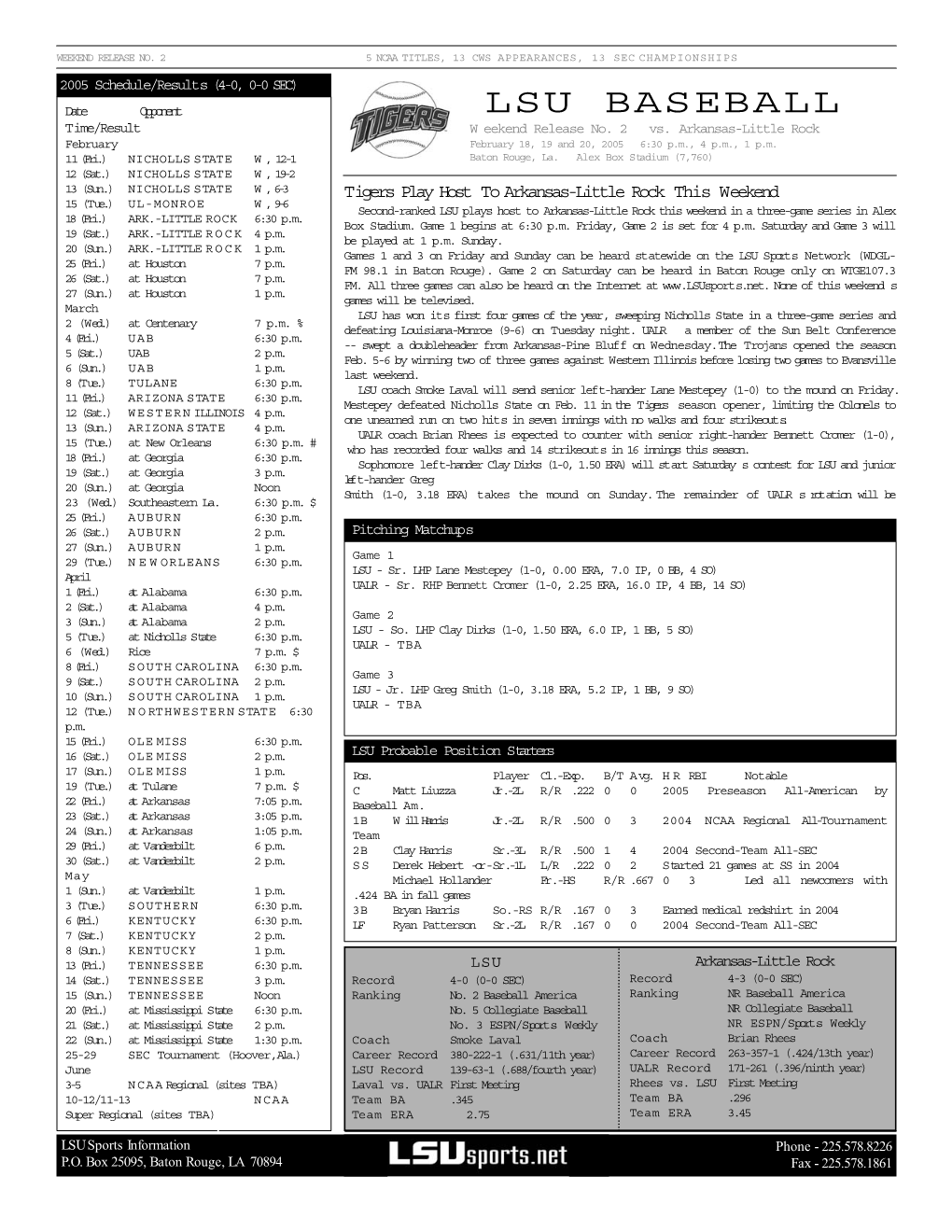 LSU Vs. UALR Game Notes 2.18.05.Qxd