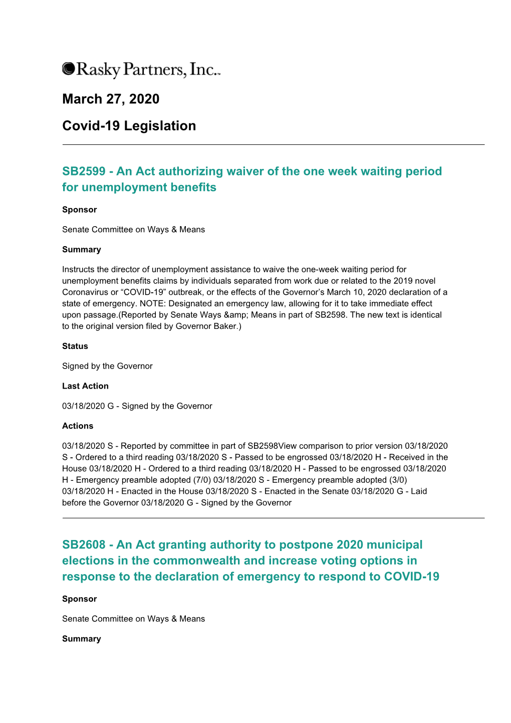 March 27, 2020 Covid-19 Legislation