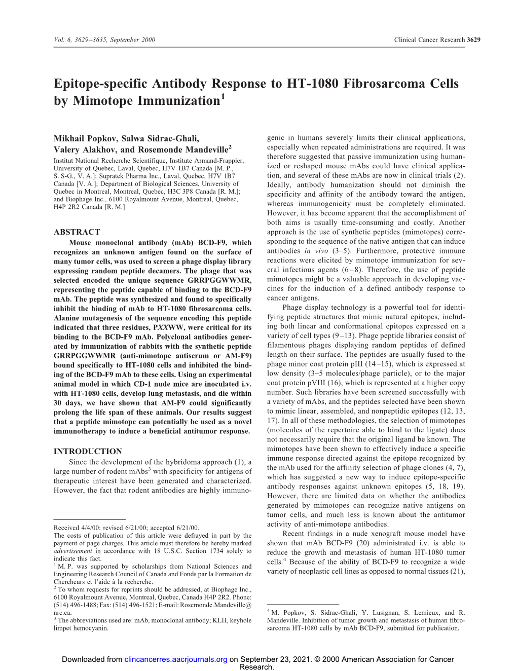 Epitope-Specific Antibody Response to HT-1080 Fibrosarcoma Cells by Mimotope Immunization1