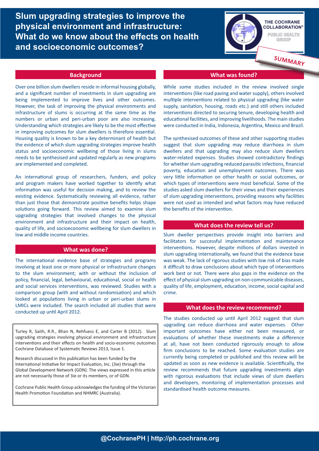 Slum Upgrading Strategies to Improve the Physical Environment and Infrastructure: What Do We Know About the Effects on Health and Socioeconomic Outcomes? SUMMARY