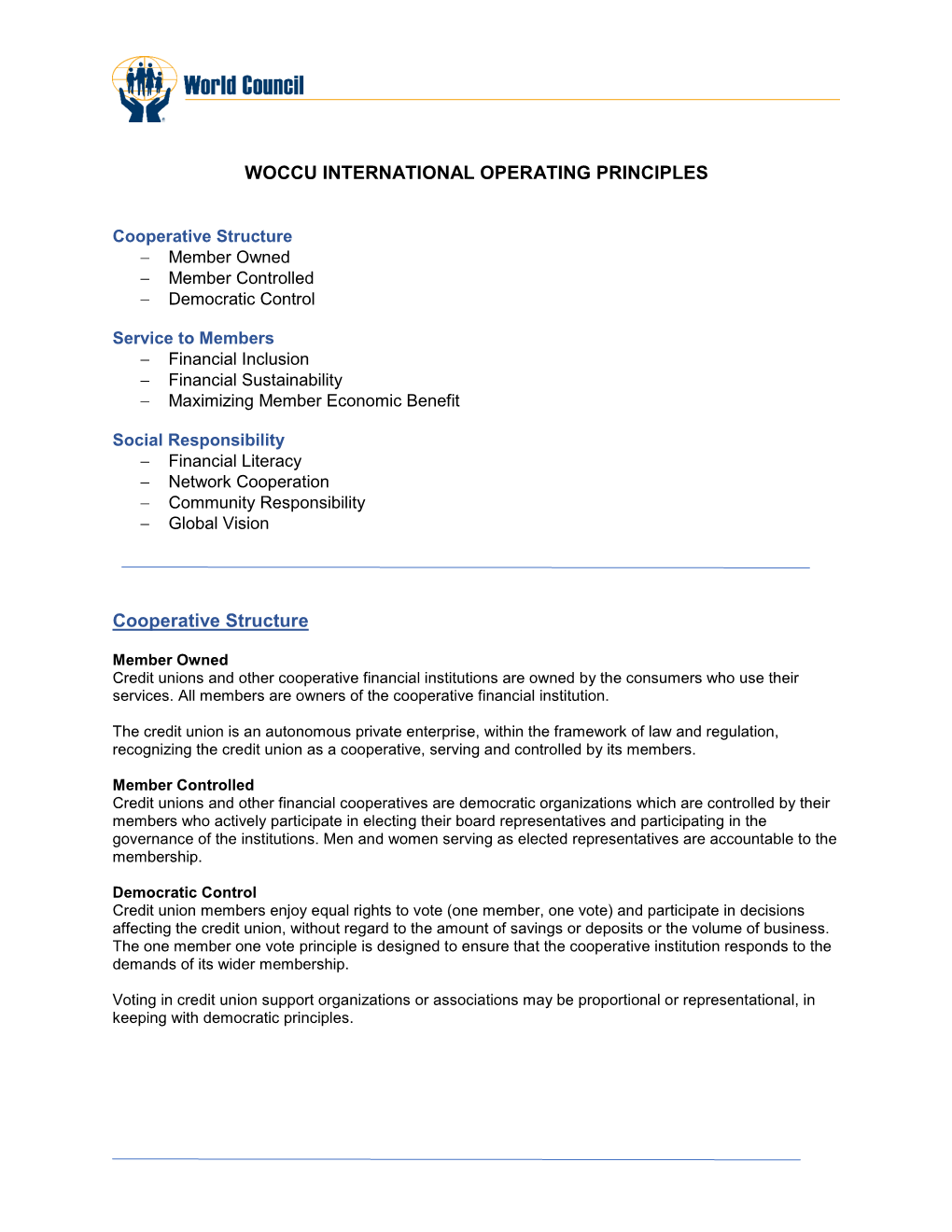 Woccu International Operating Principles