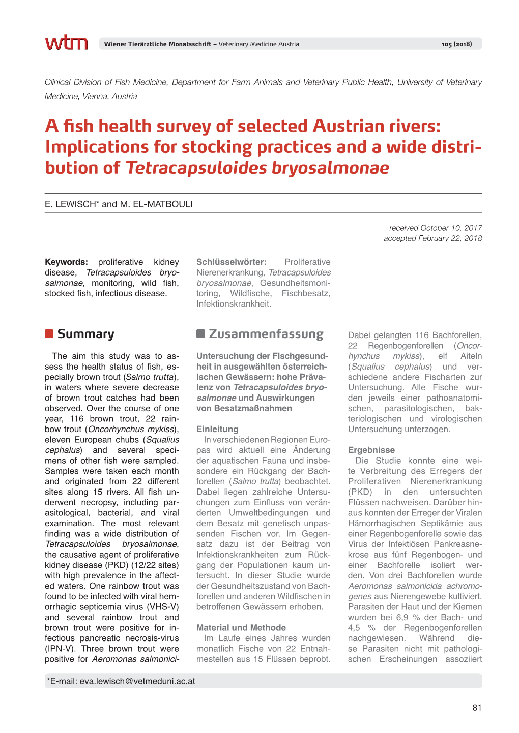 A Fish Health Survey of Selected Austrian Rivers: Implications for Stocking Practices and a Wide Distri- Bution of Tetracapsuloides Bryosalmonae