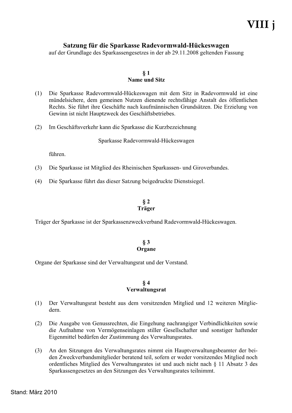 Satzung Sparkasse Radevormwald/Hückeswagen