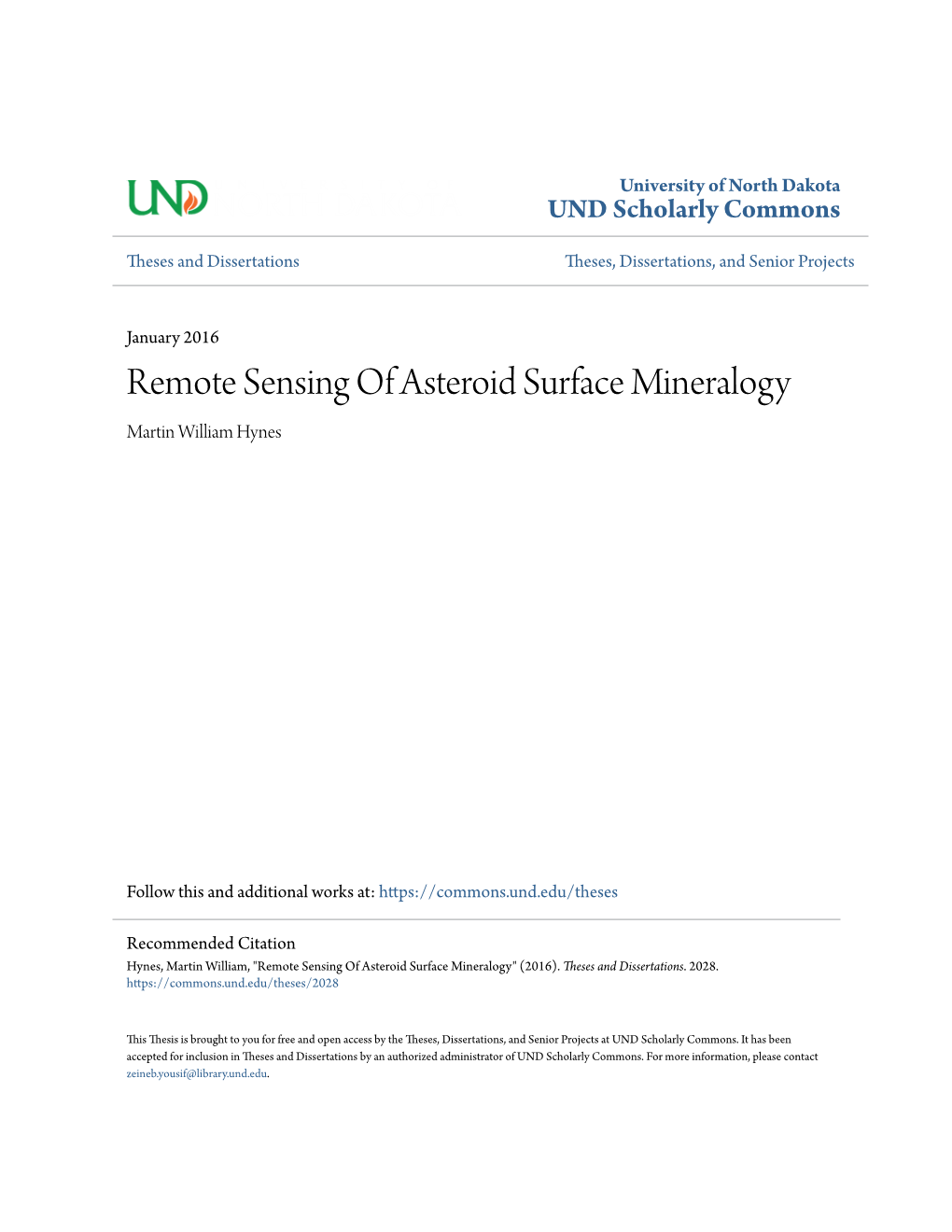 Remote Sensing of Asteroid Surface Mineralogy Martin William Hynes