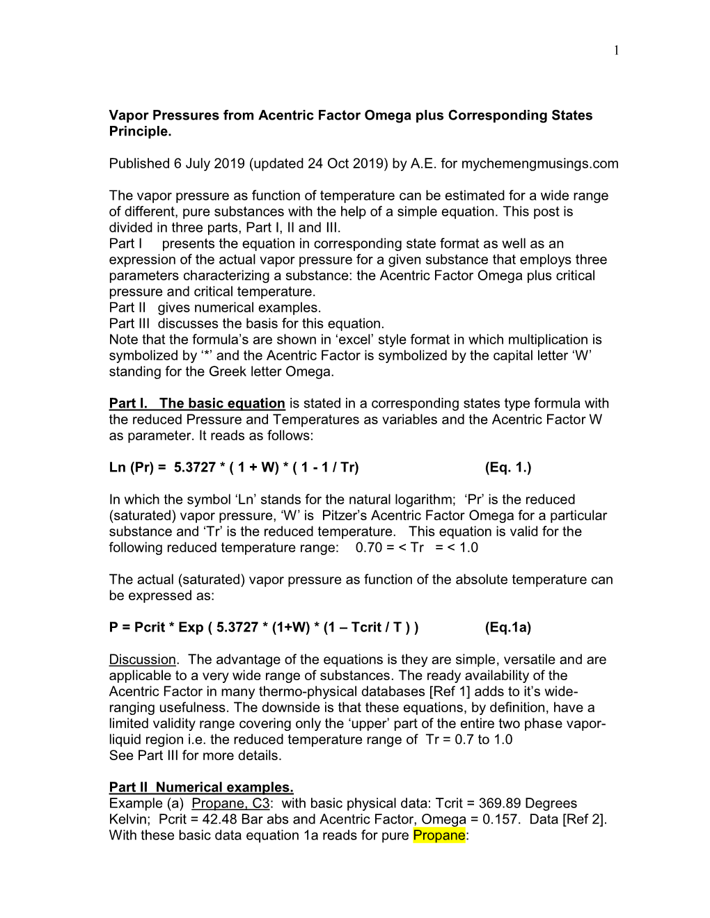 Vapor Pressure of Pure Substances from Acentric Factor