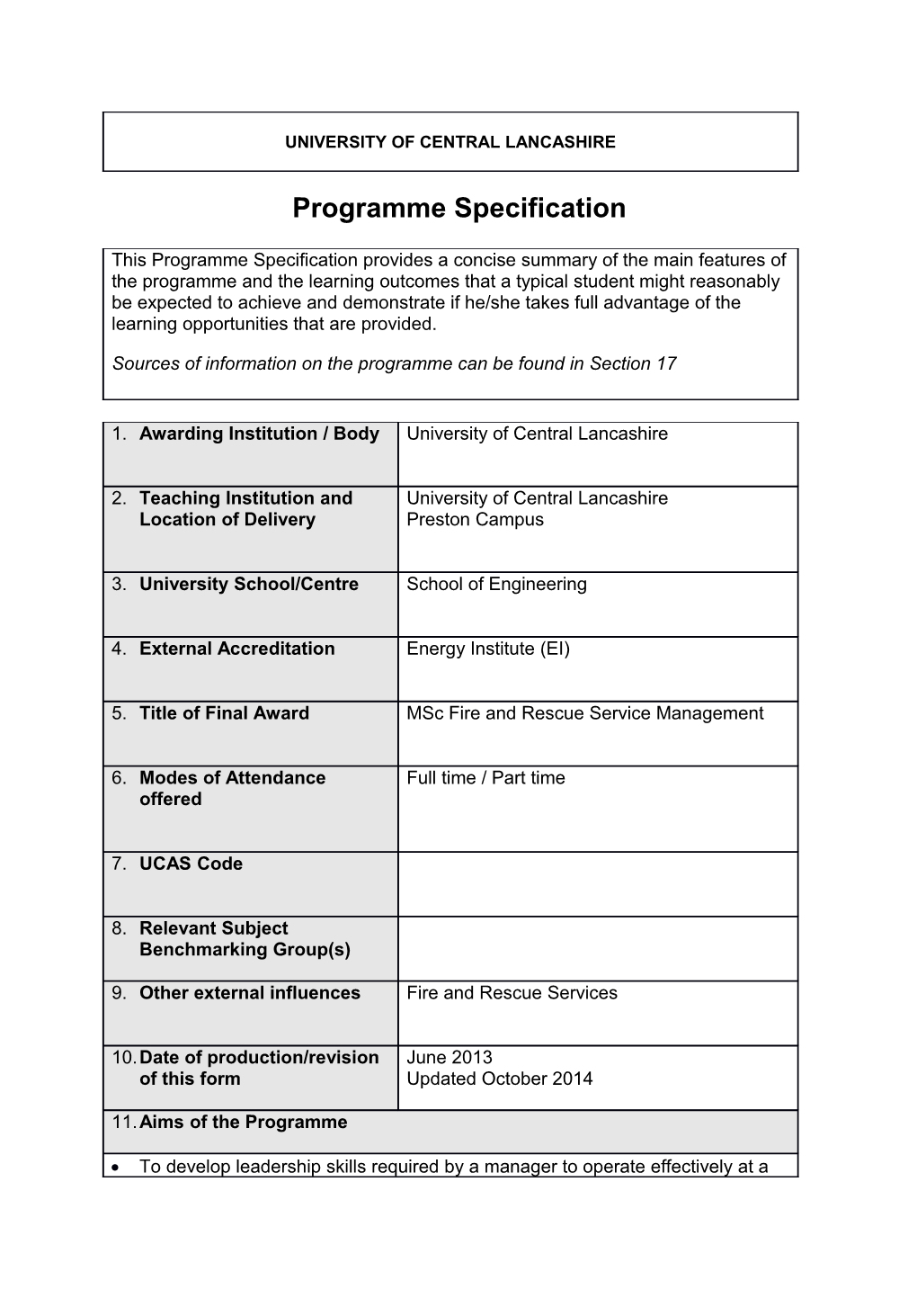 Msc Fire And Rescue Service Management (October 2014)