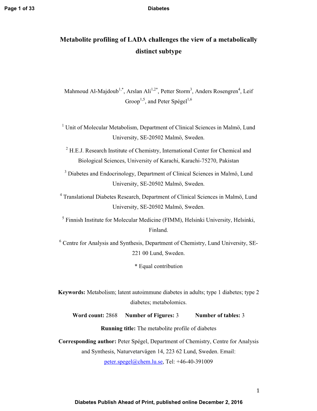 Metabolite Profiling of LADA Challenges the View of a Metabolically Distinct Subtype