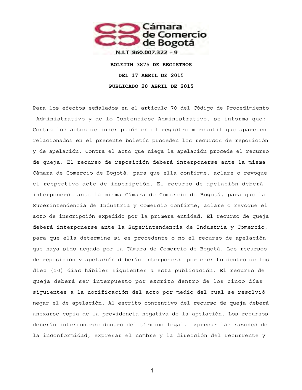 Boletin 3875 De Registros Del 17 Abril De 2015 Publicado 20 Abril De 2015