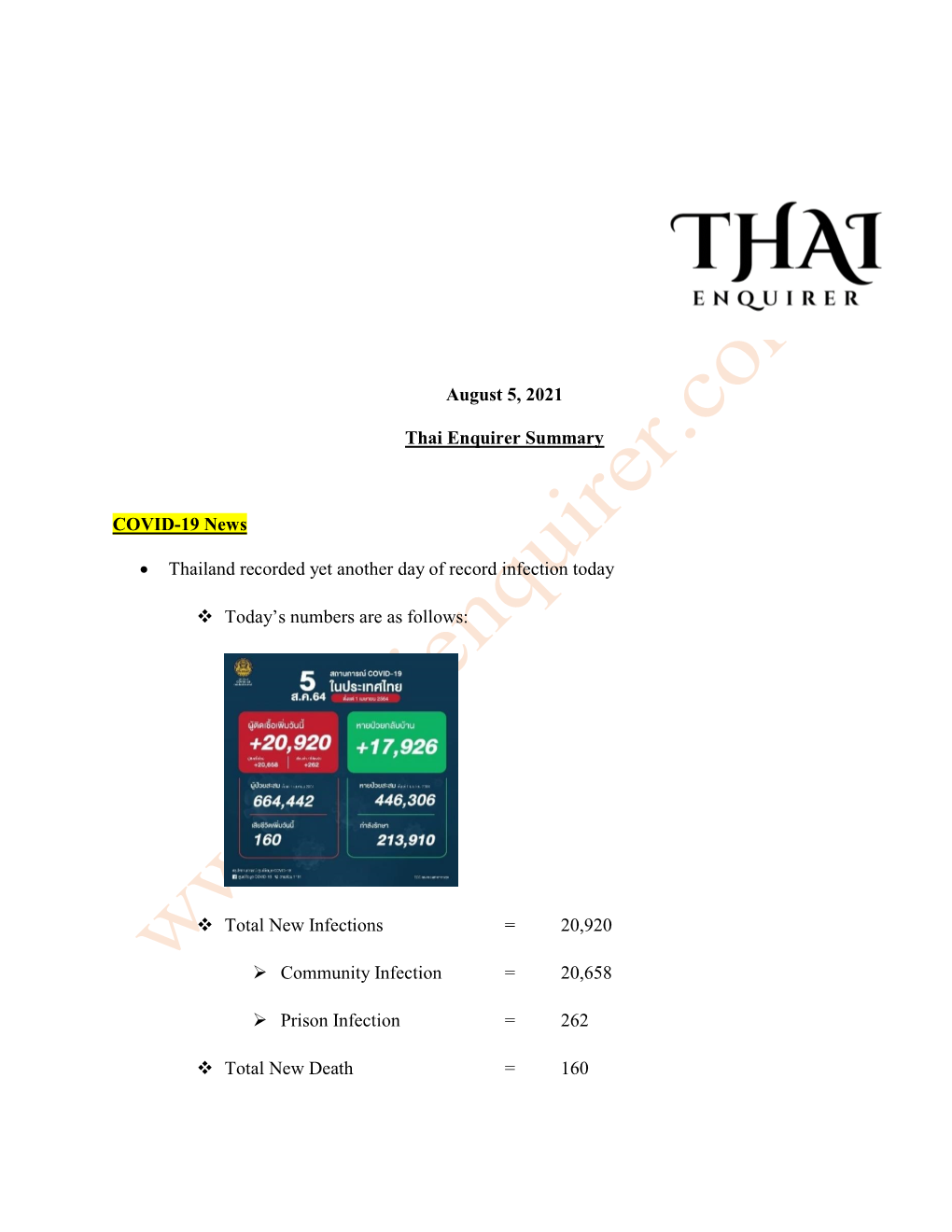 August 5, 2021 Thai Enquirer Summary COVID-19 News