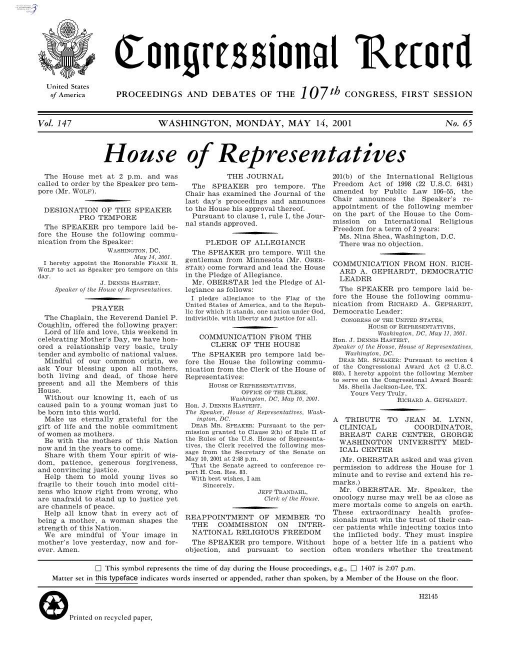 Congressional Record United States of America PROCEEDINGS and DEBATES of the 107Th CONGRESS, FIRST SESSION