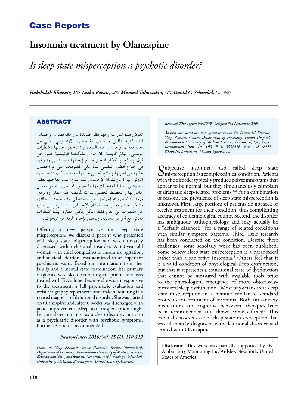 Insomnia Treatment by Olanzapine. Is Sleep State Misperception A