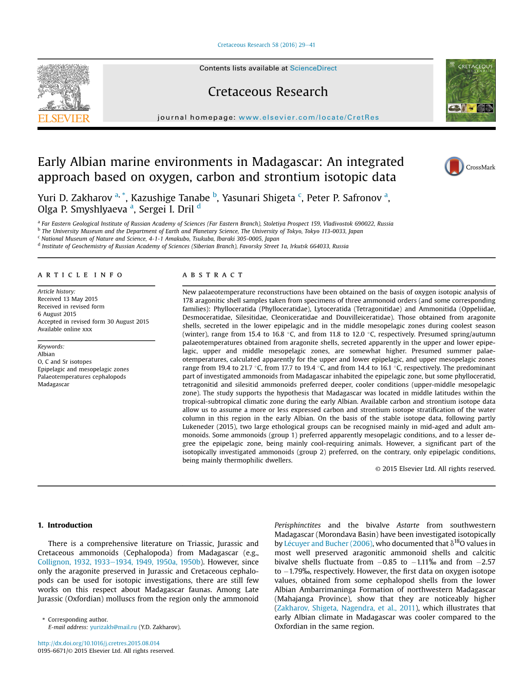 Early Albian Marine Environments in Madagascar: an Integrated Approach Based on Oxygen, Carbon and Strontium Isotopic Data