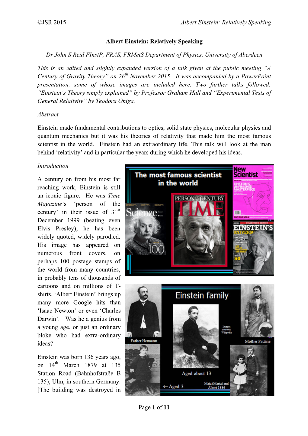 JSR 2015 Albert Einstein: Relatively Speaking Page 1 of 11 Albert Einstein