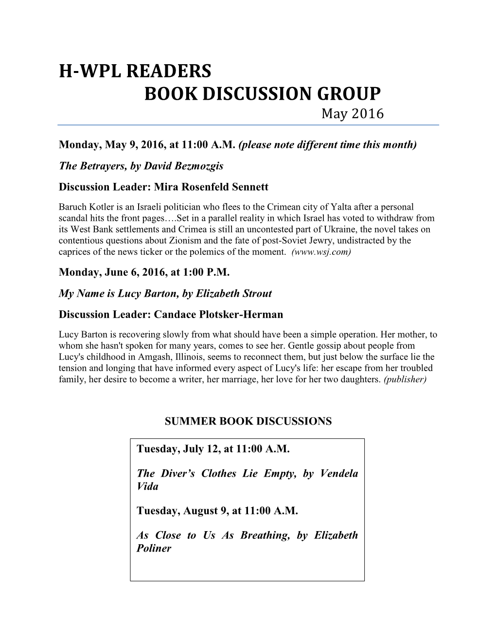 H-WPL READERS BOOK DISCUSSION GROUP May 2016