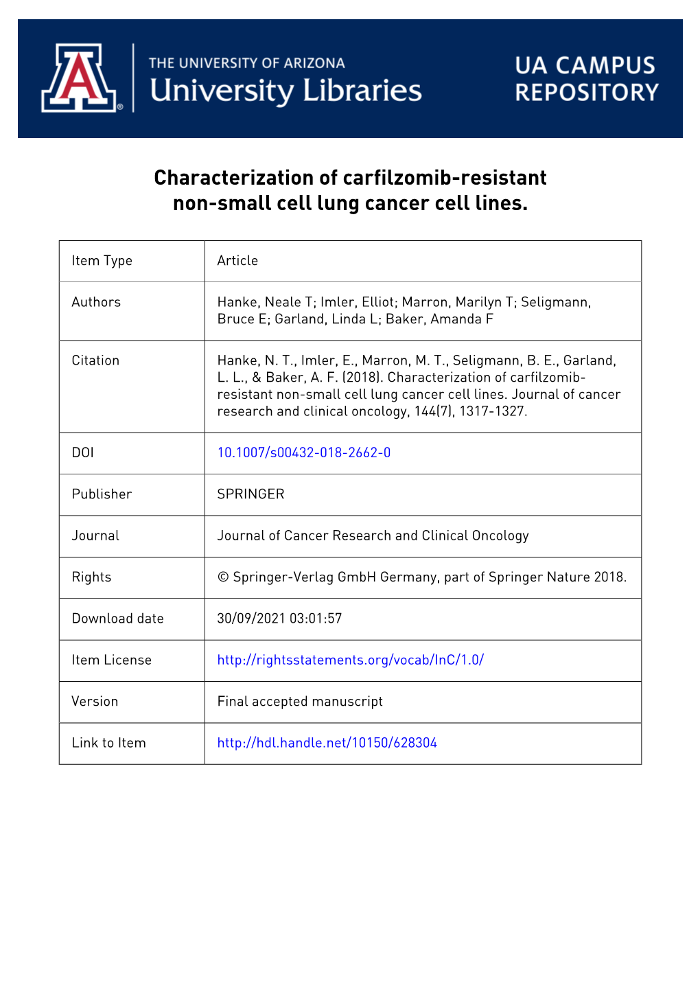 Carfilzomib-Resistant Non-Small Cell Lung Cancer Cell Lines