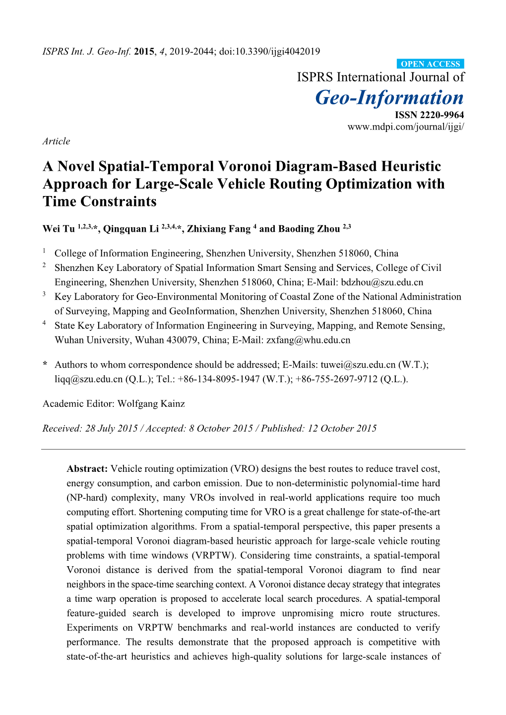 A Novel Spatial-Temporal Voronoi Diagram-Based Heuristic Approach for Large-Scale Vehicle Routing Optimization with Time Constraints