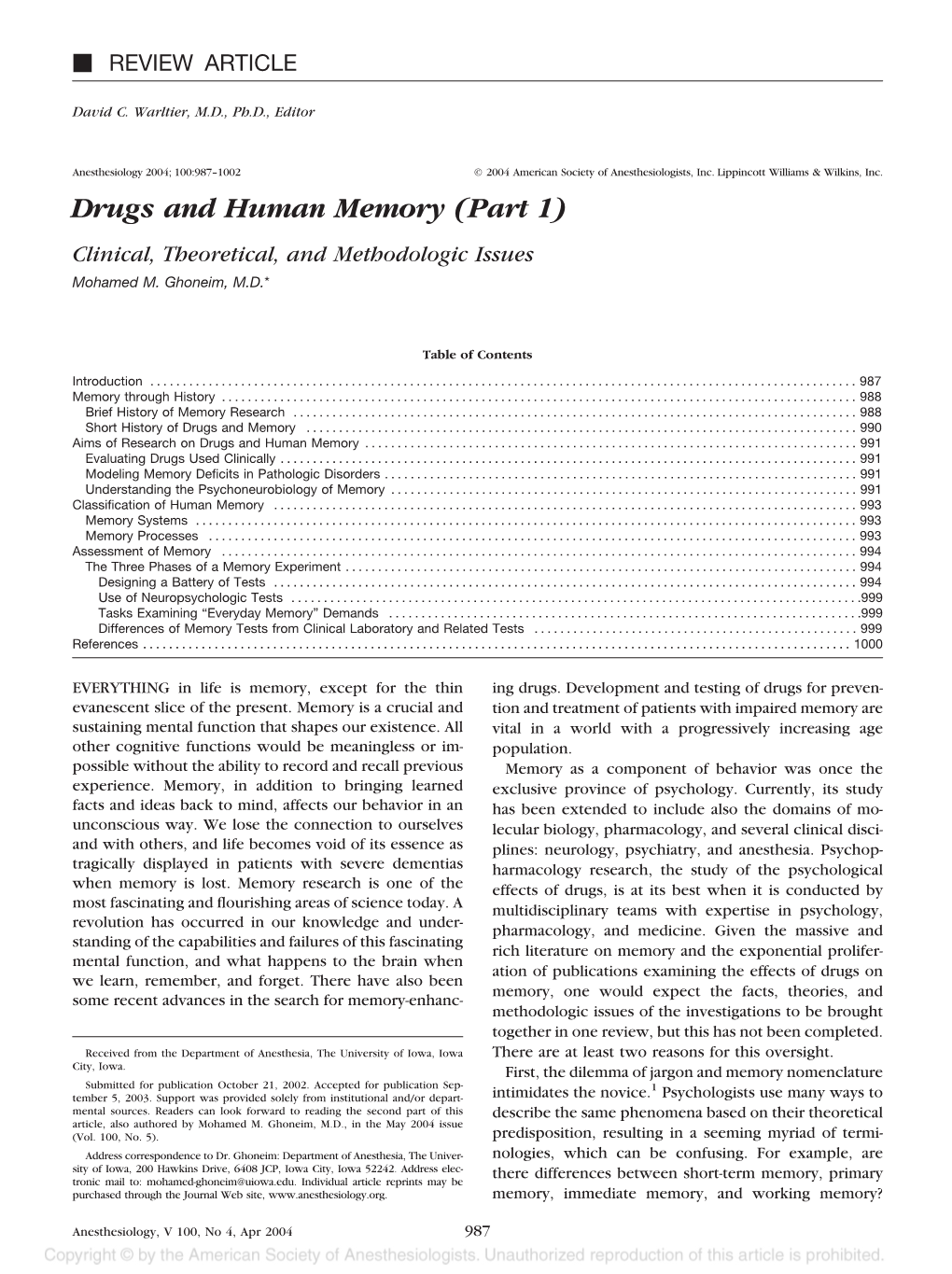 Drugs and Human Memory (Part 1) Clinical, Theoretical, and Methodologic Issues Mohamed M