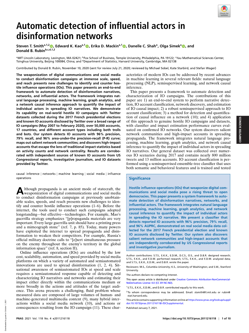 Automatic Detection of Influential Actors in Disinformation Networks