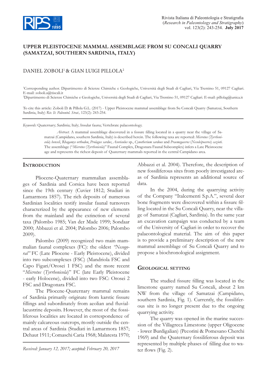 Upper Pleistocene Mammal Assemblage from Su Concali Quarry (Samatzai, Southern Sardinia, Italy)