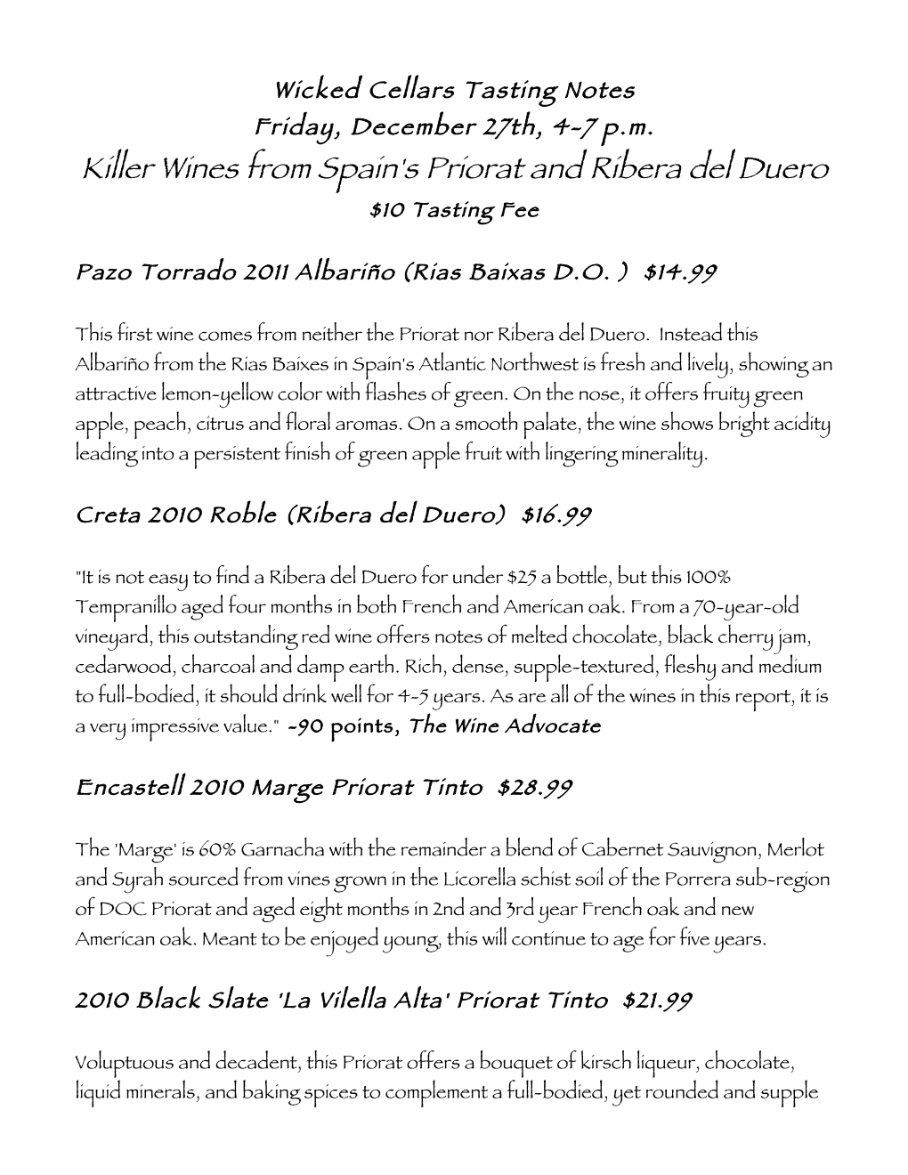 Killer Wines from Spain's Priorat and Ribera Del Duero $10 Tasting Fee